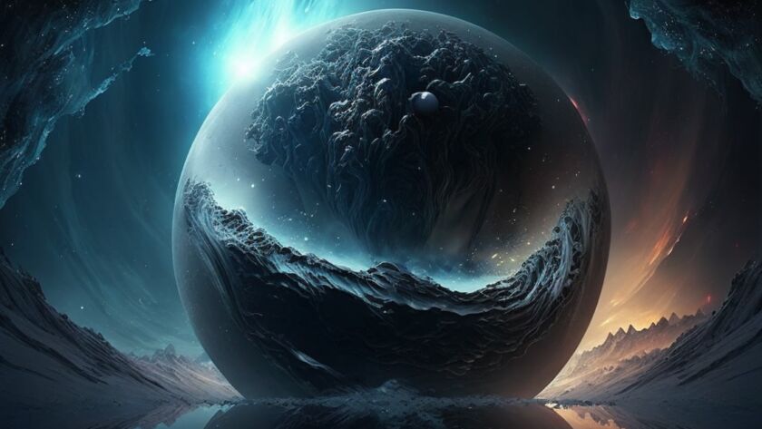 Ilustrație abstractă: planetă întunecată în spațiul cosmic, reflectată pe o suprafață de apă
