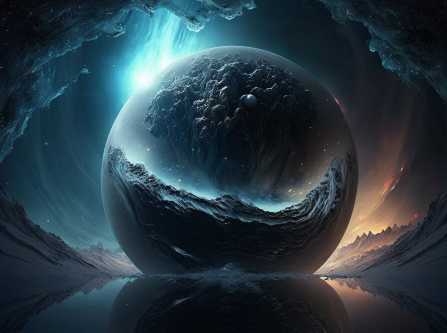 Ilustrație abstractă: planetă întunecată în spațiul cosmic, reflectată pe o suprafață de apă