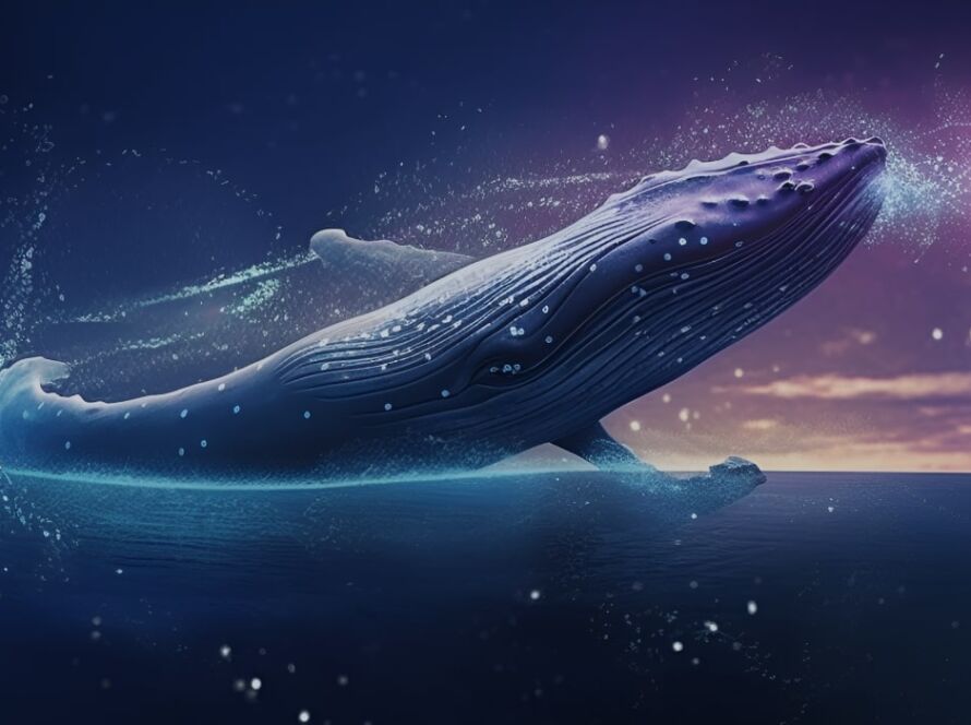 Ilustrație abstractă: balenă luminoasă plutind printre stele, deasupra apei